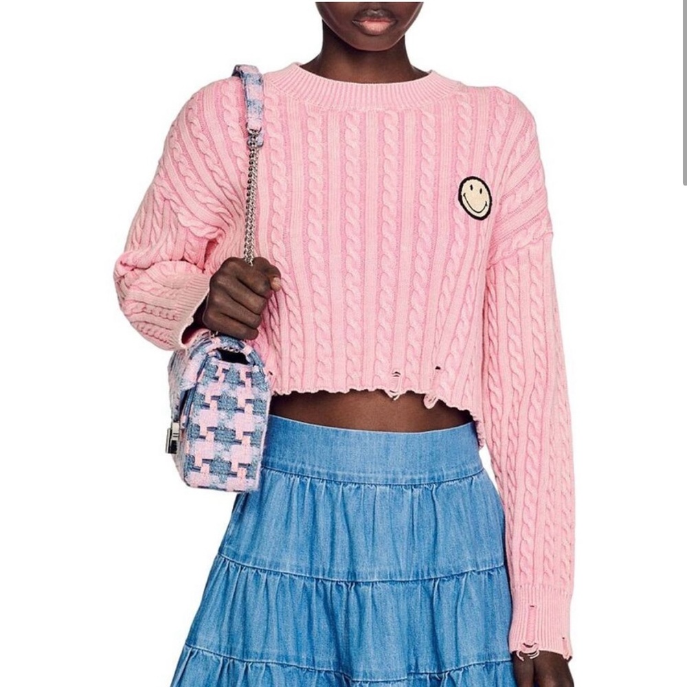 Sandro Leeloo Cable Stitch Crop Sweater Rose Pink Distress Size 2 US Medium New